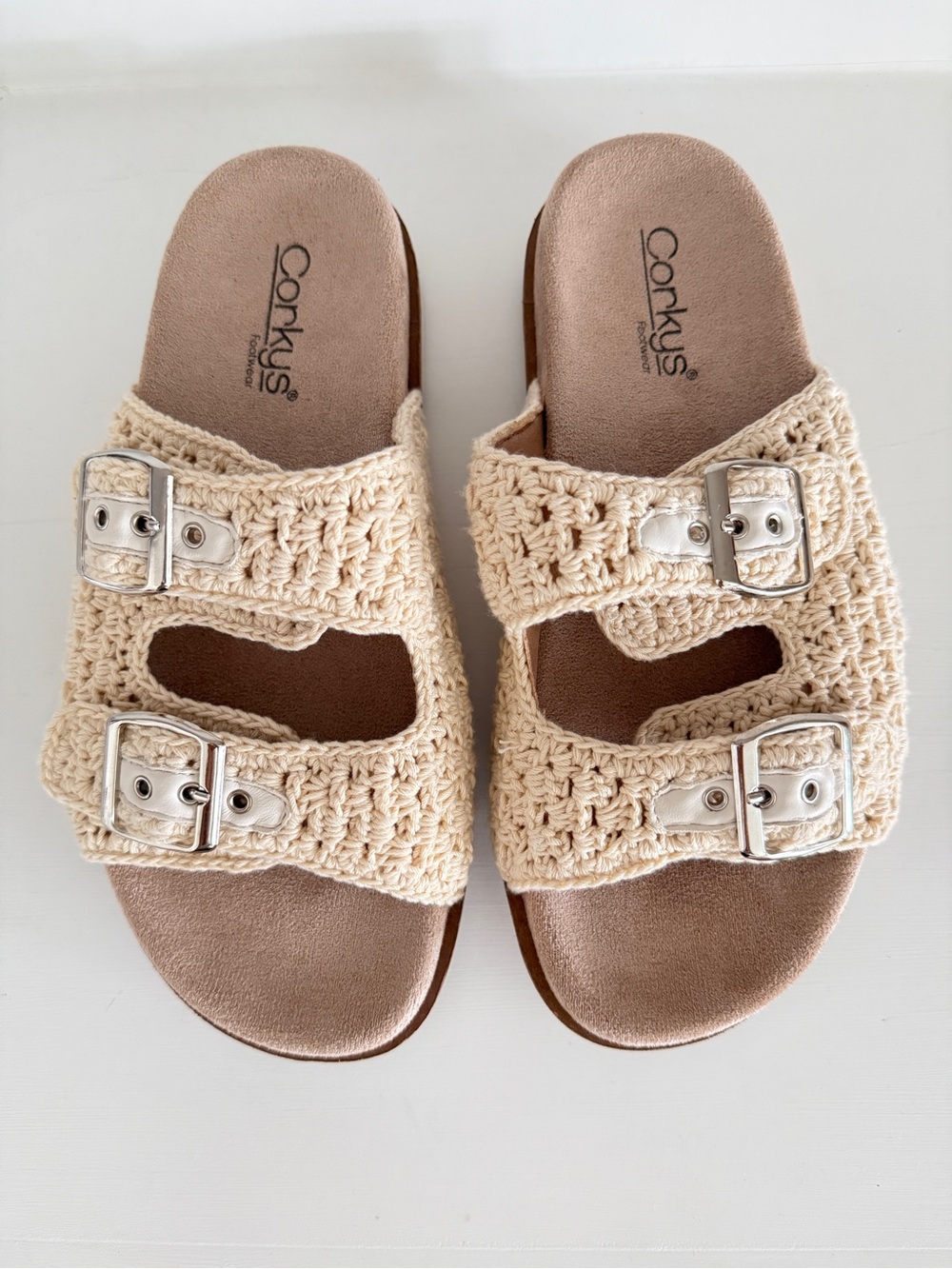 Corkys Dash Crochet Double-Buckle Slide Sandals - Cream